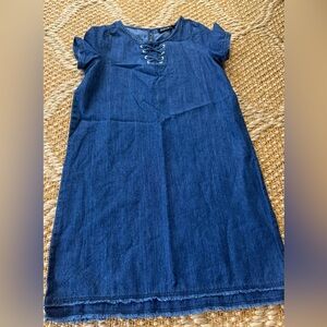 kidpik Girls Dark Blue Denim Dress with Lace-Up Detail